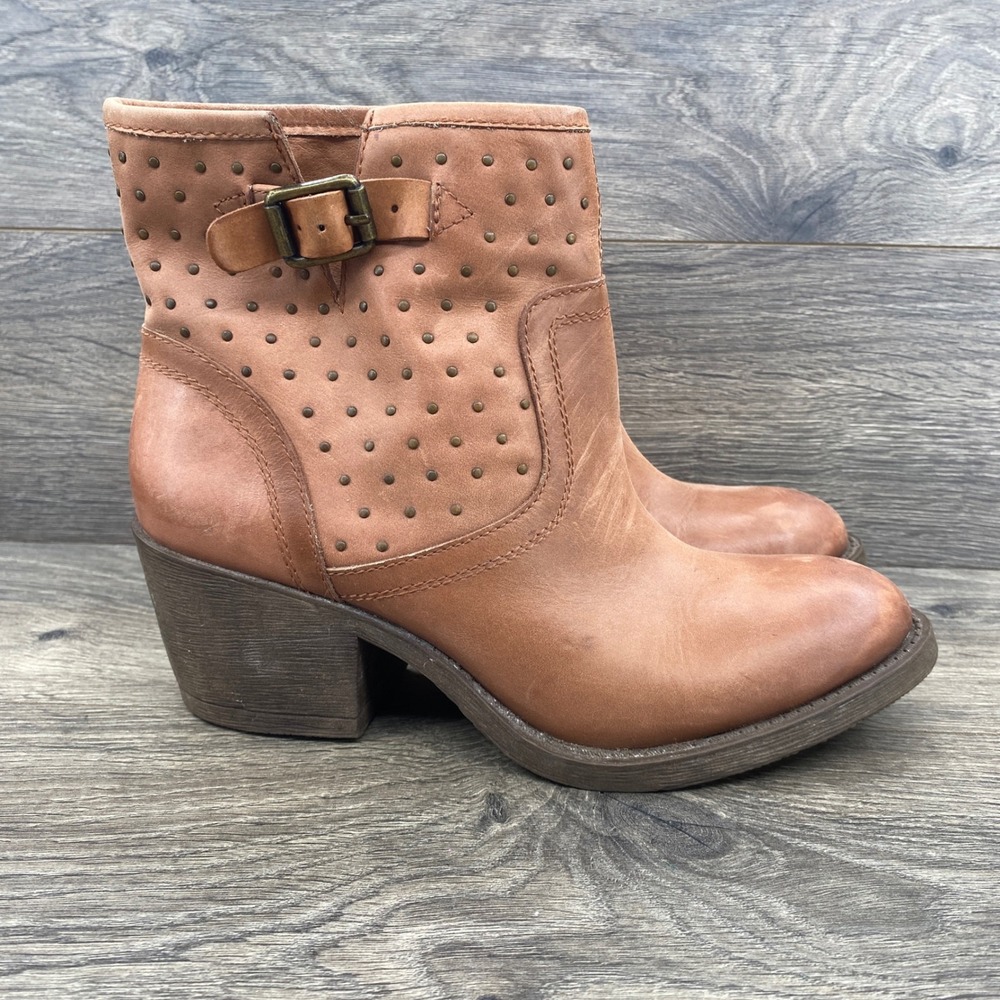 Lucky Brand Studded Ankle Boots Womens Size 8 Brown Leather Western Block Heel